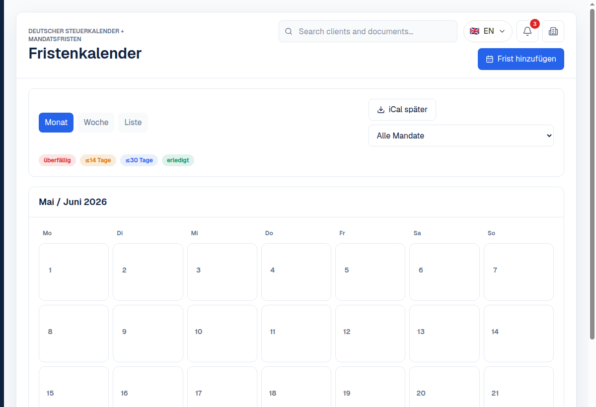 Kontavo Fristenkalender mit Steuertermine