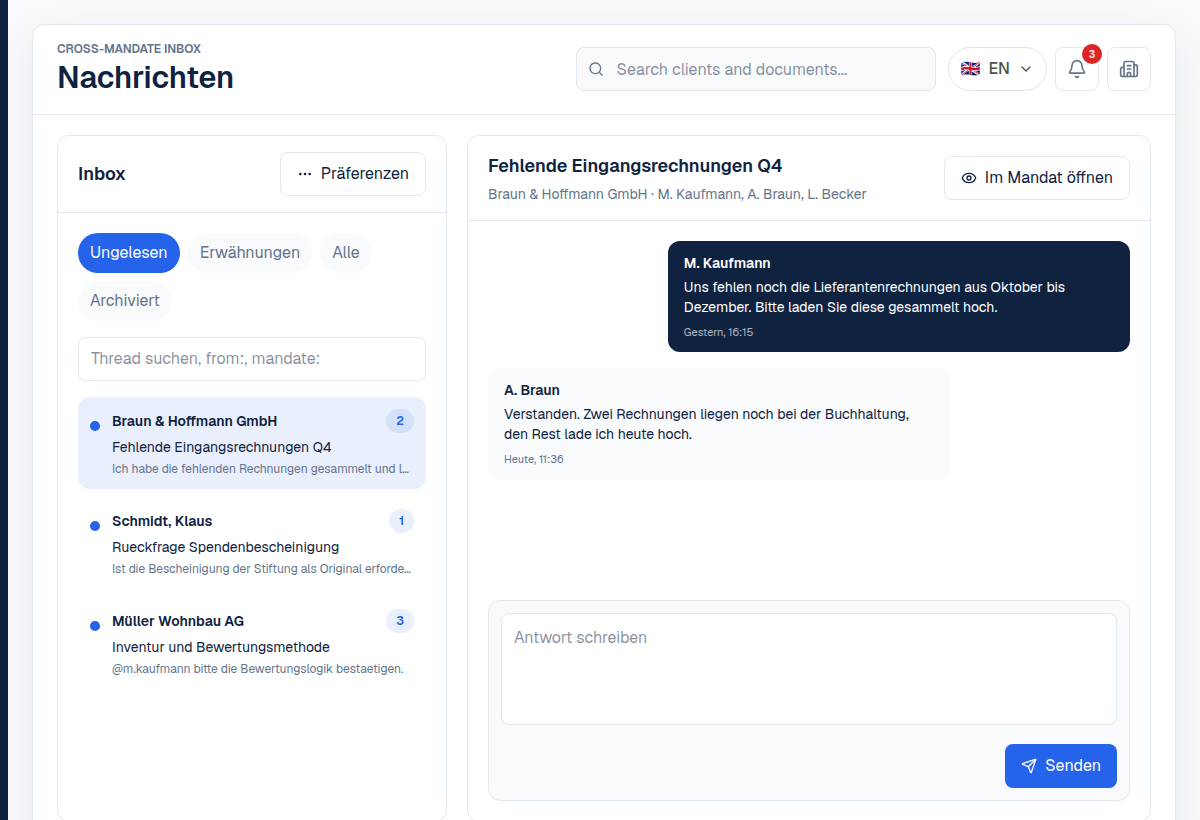 Kontavo Nachrichteneingang mit Mandantenkommunikation