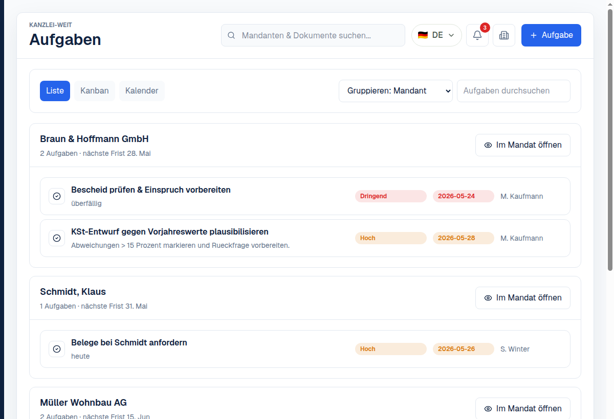 Kontavo Aufgabenverwaltung nach Mandanten gruppiert